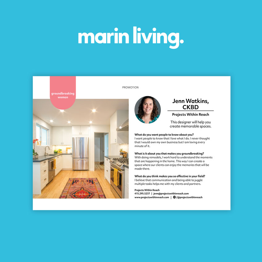 Marin Living Magazine Spotlights Jenn Watkins and Projects Within Reach - Images of a kitchen, Jenn Watkins and a kitchen.