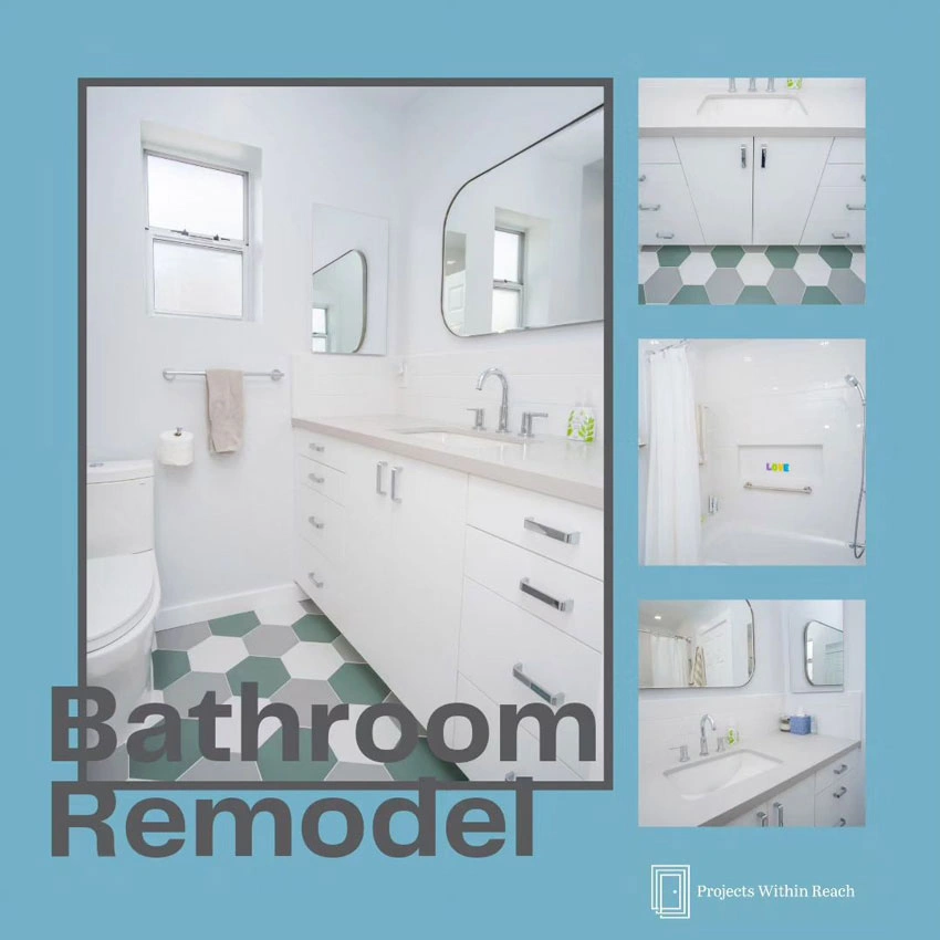 Projects Within Reach - Bathroom Remodel Ideas - Small - Images of a bathroom, logo and texts.